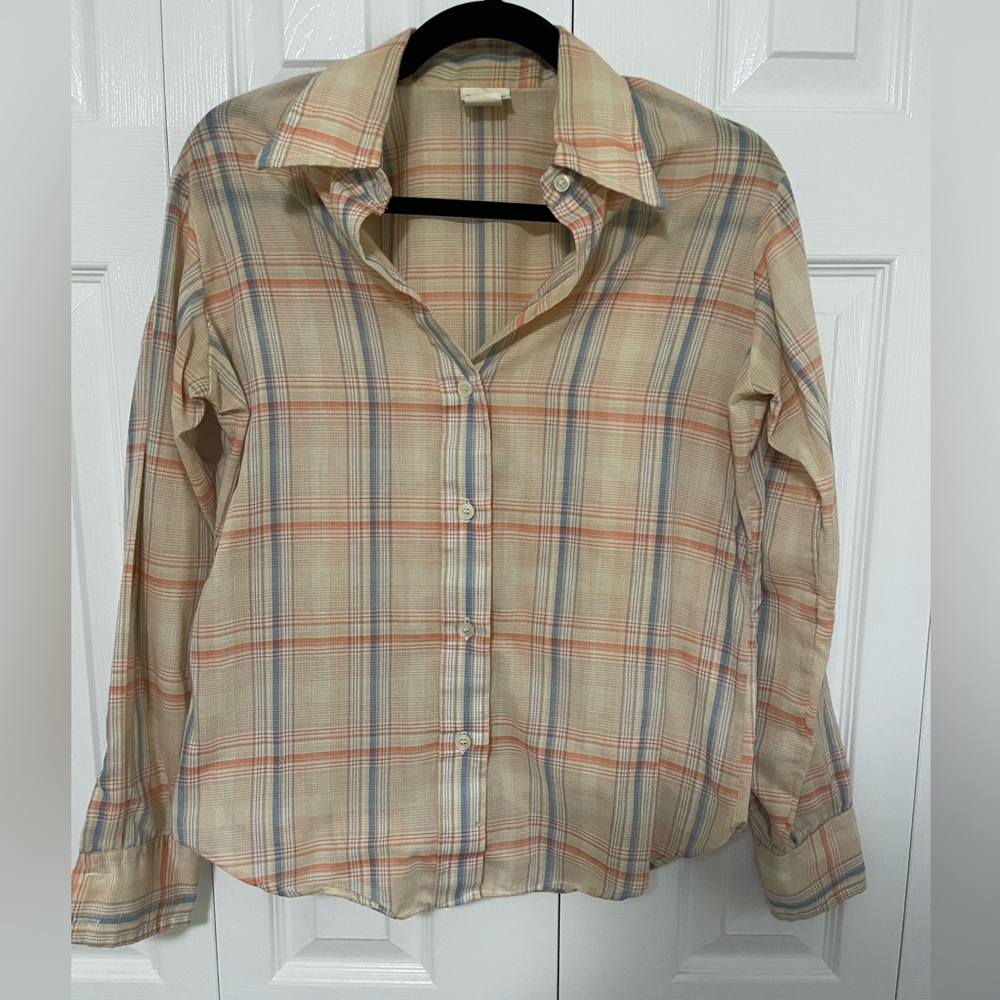 VINTAGE Light Plaid Button-Up Shirt in Cream and Blue SIZE 13/14